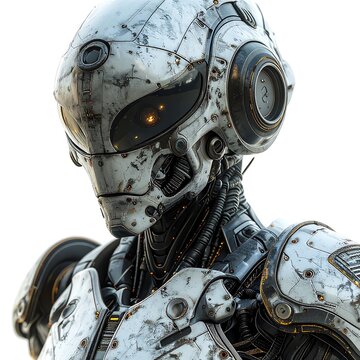 Close up portrait of a robot with glowing eyes.