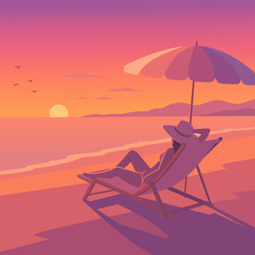 Minimal flat vector illustration of person relaxing on beach lounger under umbrella during peaceful tropical sunset by the sea.
