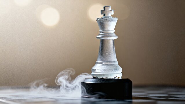 Strategic chess king piece made of ice and smoke, symbolizing leadership, decision making, and intellectual challenge with copy space, premium commercial stock image featuring modern professiona siyam