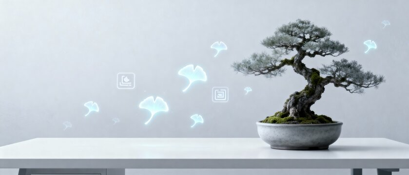 Serene Bonsai Tree with Glowing Digital Brain Icons on Minimalist Desk, Representing Growth, Technology, and Innovation, premium commercial stock image featuring modern professional visual compo siyam