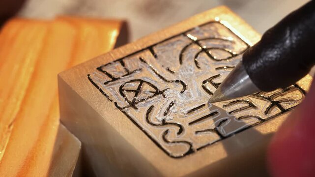 Focused artisan craftsman hands using a gouge to carve intricate details traditional chinese stone emblem stamp seal. Skilled craft worker hand-carving details at workshop tool display