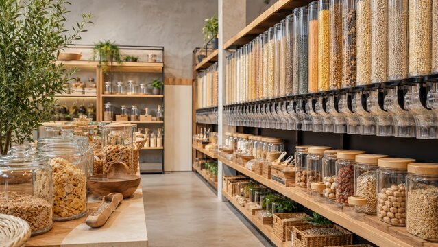 &Eacute;picerie vrac moderne avec distributeurs de c&eacute;r&eacute;ales et bocaux