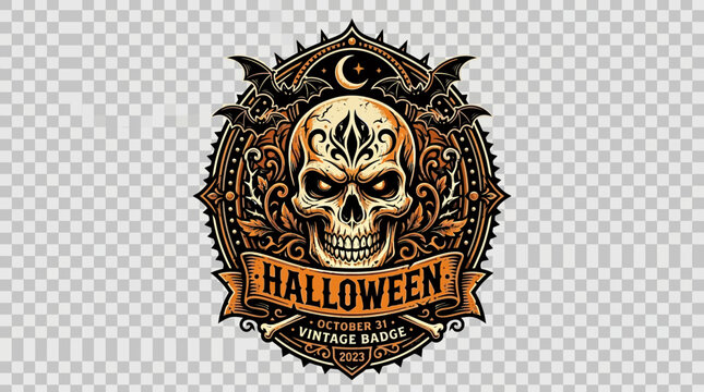 Create a bold Halloween skull badge with vintage ornate decorations and a banner