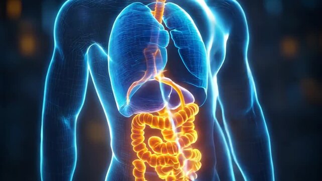 selective focus medical hologram digestive tract gallbladder bile production storage and release into small intestine visualization