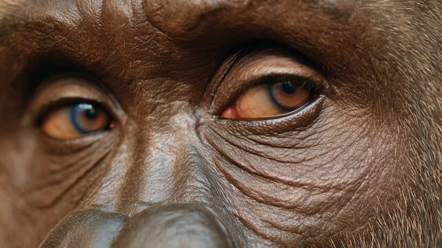 Close-up extreme detail of an orangutan's expressive eye and wrinkled skin