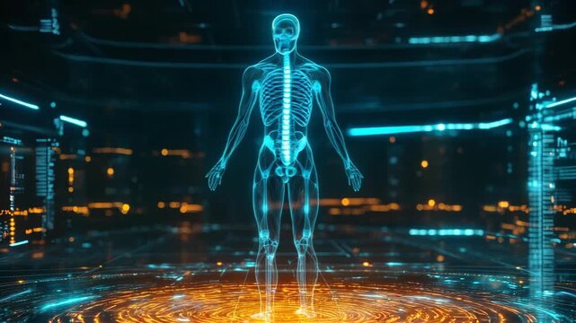 selective focus medical hologram nervous system visualization spinal cord neural pathways reflex arcs brain communication mapping