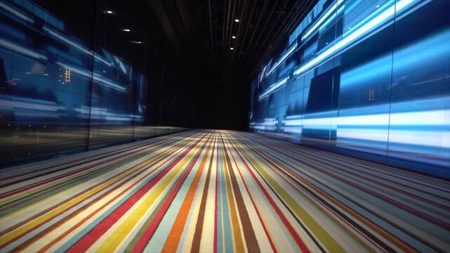 Mesmerizing immersive light room filled with vibrant wall projections and colorful illuminated floor patterns, and interactive multimedia effects inside