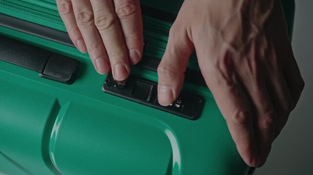 Hands of traveler closing and locking green suitcase with combination padlock, ensuring safety and protection of personal belongings for upcoming vacation or trip, close-up, slow motion.