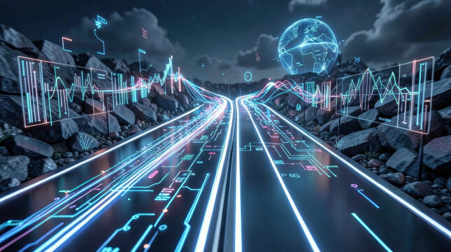Sreaming data, binary data moving on a digital road - Digital Code road, ai, artificial intelligence concept - 3d illustration