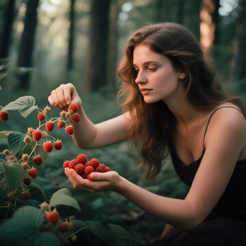 h&uuml;bsche Frau h&auml;lt Himbeeren in den H&auml;nden 6