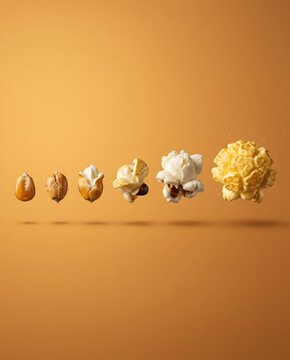 Popcorn kernel evolution stages transforming from seed to popped corn on an orange background for snack brand advertising, cinema marketing and food social media