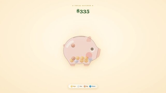 Pink piggy bank full of coins showing total savings amount for money finance concept