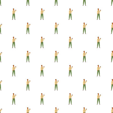 Man with suspenders holding a drink and mobile phone in a seamless pattern