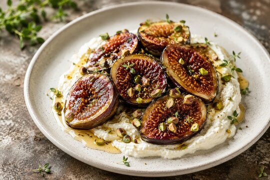 Figues r&ocirc;ties au miel sur cr&egrave;me fouett&eacute;e sal&eacute;e avec pistaches et thym