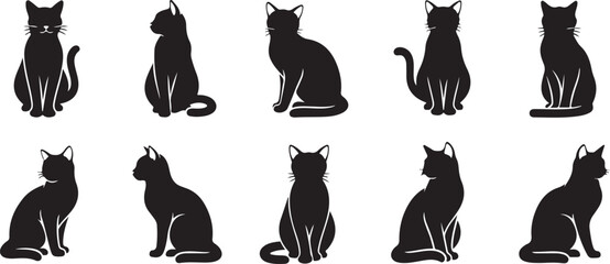 Black cat silhouettes, feline icons, cat graphics, animal illustrations © fksamia