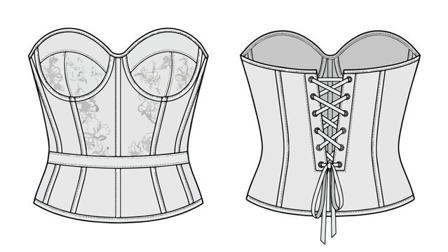 Elegant Bridal Corset Bustier Technical Vector for Wedding Lingerie Design, Couture Development and Fashion Specification Sheet