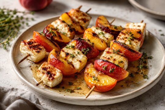 Brochettes de fruits grill&eacute;s et fromage dor&eacute; avec thym et miel