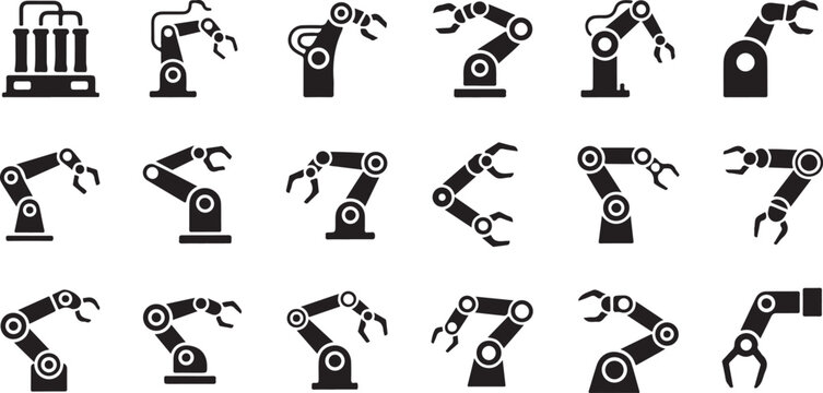 Industrial robot arm icons, robotic machinery symbols, black vector illustrations, 20 automation graphics