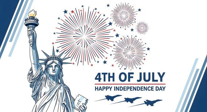 4th of july illustration statue of liberty with fireworks and patriotic jet flyover