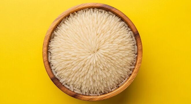 Raw basmati rice grains are arranged in a beautiful circular pattern inside a small wooden bowl set against a vibrant and bright solid yellow background