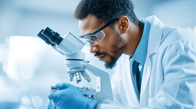 Scientist working with a microscope in a modern laboratory, conducting research and development.