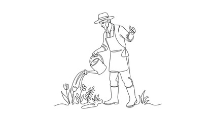 Obraz premium Continuous line drawing of a gardener watering plants.