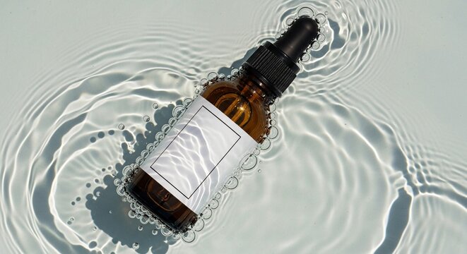 Amber glass cosmetic dropper bottle with a blank white label floating in clear rippling water with soft light reflections captured from a top down perspective view