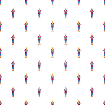 Caroler in winter attire singing festive songs forming a repeating pattern on white background