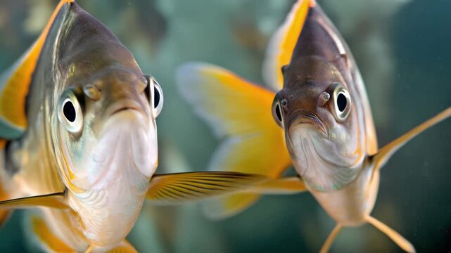Close-up underwater view of a school of piranha fish swimming in murky water
