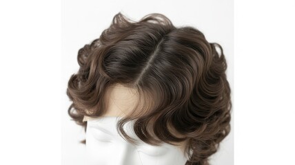 Naklejka premium Short curly brown wig on a mannequin head, isolated on white background