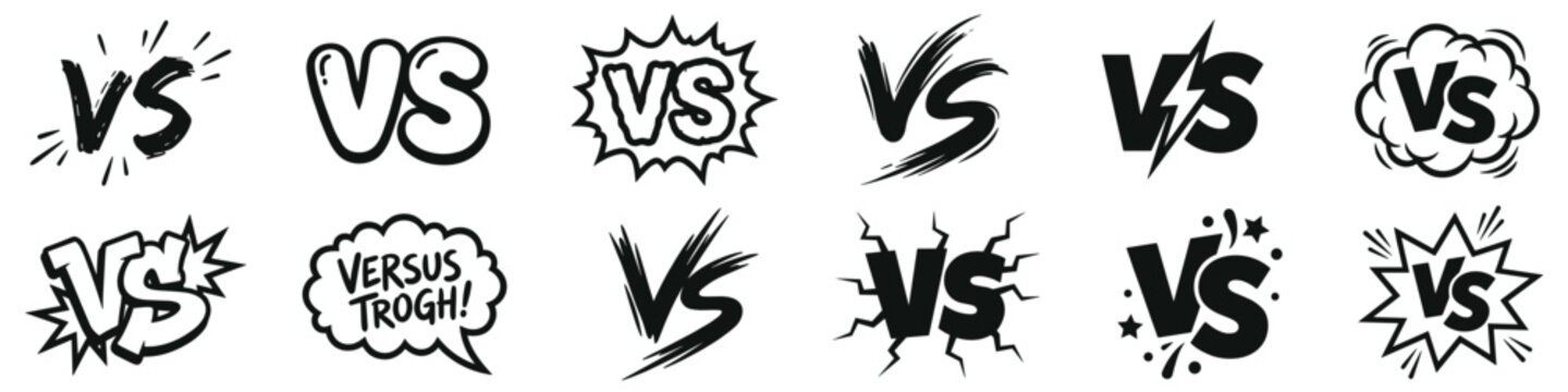 Set of comic versus logo letters. Versus Or VS Letters Logo & symbol design template. VS letters with speech bubbles and clouds for sports, fight, competition, battle, match. Cartoon black Versus Icon