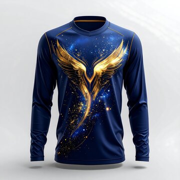 Blue hoodie with golden embroidered phoenix design.