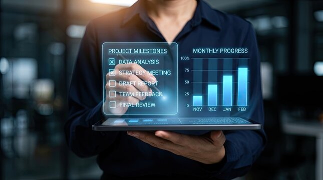 Business professional analyzing financial data on a futuristic holographic display.