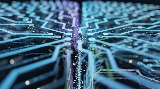 Glowing artificial intelligence neural network structure formed by complex interconnected electronic circuit boards and glowing data pathways