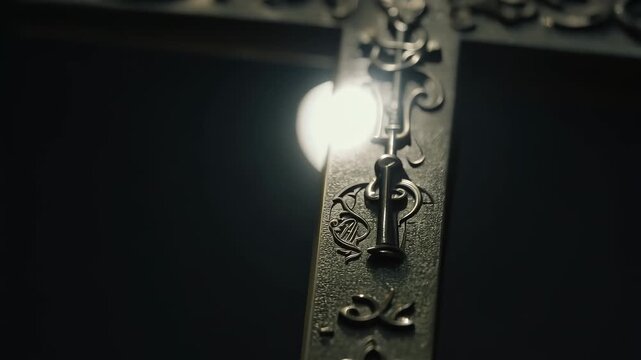 Ornate metallic cross with intricate designs and a reflective surface, illuminated by a soft light source, showcasing detailed craftsmanship in a dark setting