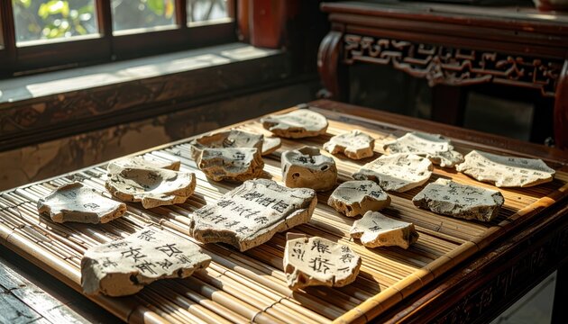 Collection of ancient oracle bone fragments with early Chinese script inscribed, showcasing historical artifacts.