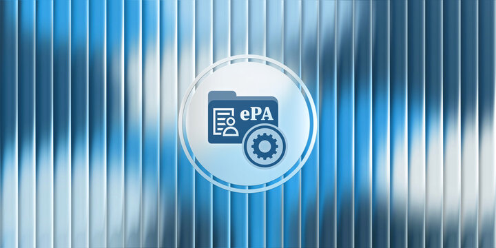Abstract illustration representing ePA or electronic patient record system settings icon with glassmorphism effect on a shiny blue metallic background conceptual image