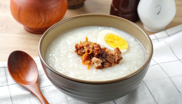 Comforting Bowl of Congee or Juk, a Savory Rice Porridge with Egg and Meat Toppings, Served Warm with a Wooden Spoon on a Checked Cloth.