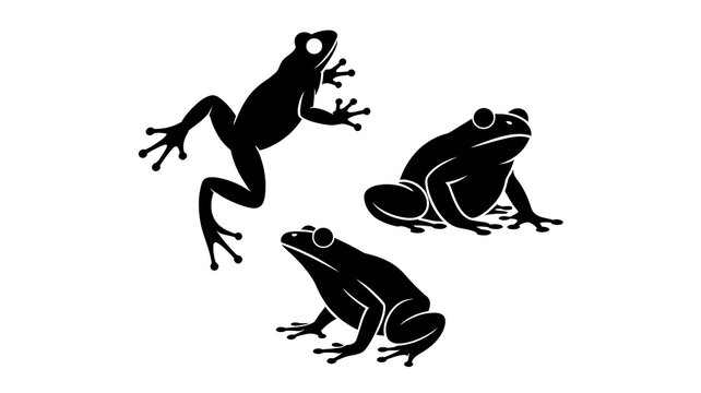  Three black frog illustrations on a plain white background.