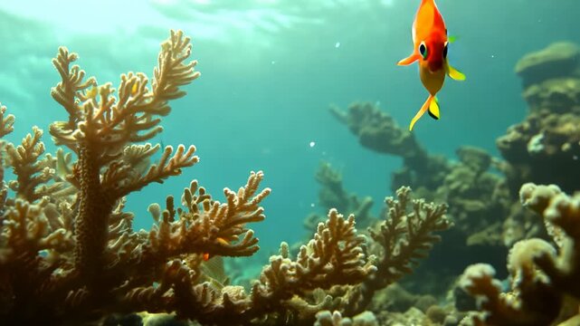 Colorful tropical fish swimming among coral reef in clear blue ocean water, showcasing vibrant marine life and underwater ecosystem in a natural habitat