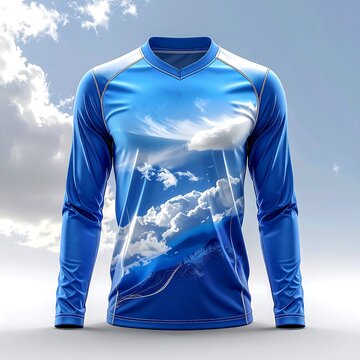 Blue hoodie with mountain landscape print front.