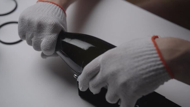Selective focus of person with gloves cutting glass bottle using special tool for craft making. Diy project for recycling and creating custom glassware, upcycling and reusing old bottles, close-up.