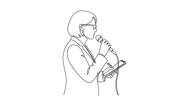 Continuous line drawing of a professional woman giving a speech.