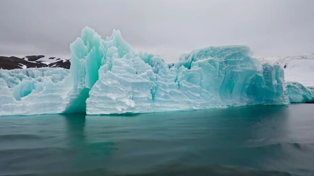 Iceberg floating in calm water with turquoise hues and snow-capped mountains in the background, showcasing the natural beauty of a polar landscape