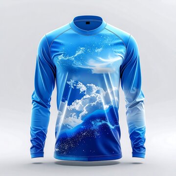 Blue hoodie with ocean wave graphic design.