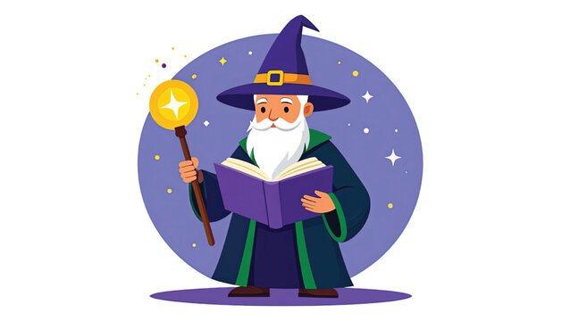 Wizard reading magic spell book.