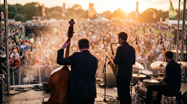 Musicians performing on outdoor stage with large crowd watching at sunset