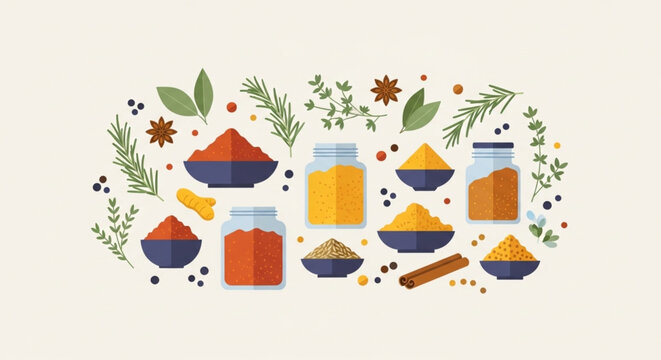 Flat Illustration of Spice Jars and Bowls with Ground Spices and Fresh Herbs