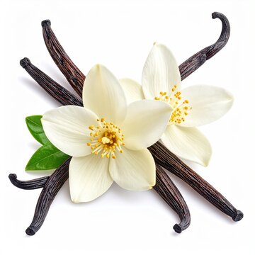 Vanilla beans, blossoms, and leaves on white