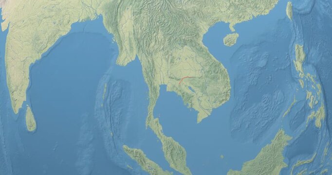 Thailand on Globe. Zoom into the country with Earth spinning on dark background. Physical world map with Thailand and label on it. Country view animation.